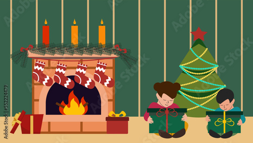 Boy and girl sitting in living room with Christmas tree and decorated fireplace, ready to unwrap their presents