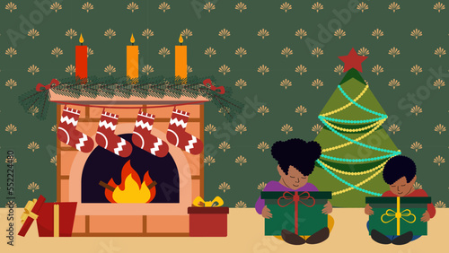 African-American kids sitting in living room with Christmas tree and fireplace, ready to unwrap their presents