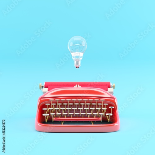Red color typewriter with lighting bulb floating . minimal creative idea. 3D Render.