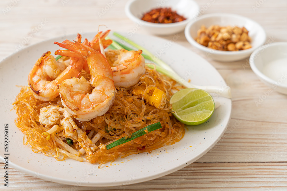 Vermicelli Pad Thai or Thai stir fried vermicelli with shrimps