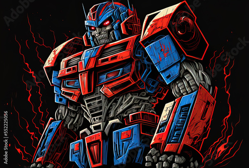 Red and blue robot transformer against a black backdrop. Generative AI photo