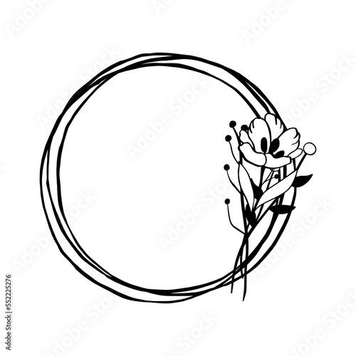 Black line Bunch of Flower on triple circle frame. Vector illustration for decorate logo, greeting cards and any design.