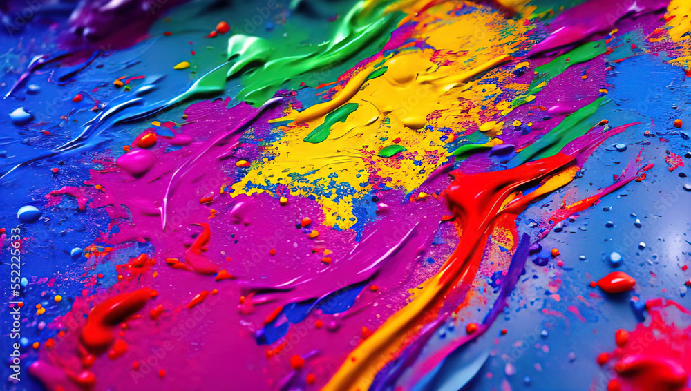 horizontal 3d illustration of a colorful paint splash, colour pigmented burst,
