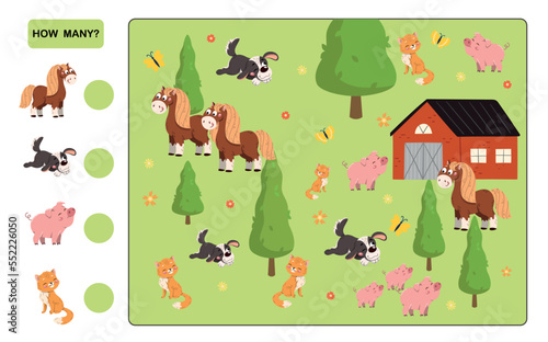 Animals math education. Educational material for children  development of concentration and mindfulness. Farming and agriculture. Dogs  foxes  pigs and horses. Cartoon flat vector illustration