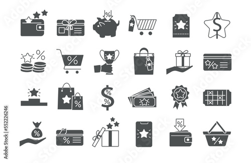 Bonuses icons set. Collection of graphic elements for website. Loyalty program, discounts and promotions. Cashback, presents and gifts. Cartoon flat vector illustrations isolated on white background