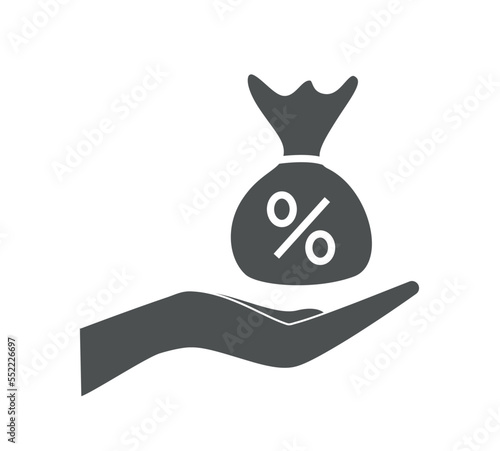 Hand with bag icon. Interest, discounts and promotions. Loyalty program and special offer for regular customers. Graphic element for website. Coupon and voucher. Cartoon flat vector illustration