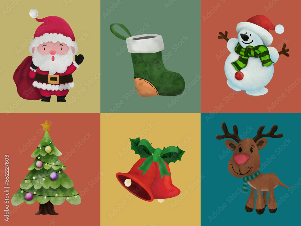 Fototapeta premium Christmas New Year Holiday pattern. Cute santa and reindeer and christmas ornament pattern background. 