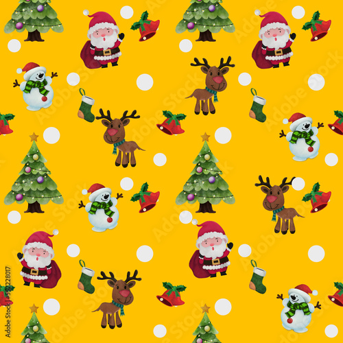 Christmas New Year Holiday seamless pattern. Cute santa and reindeer and christmas ornament pattern background.  © Suwan