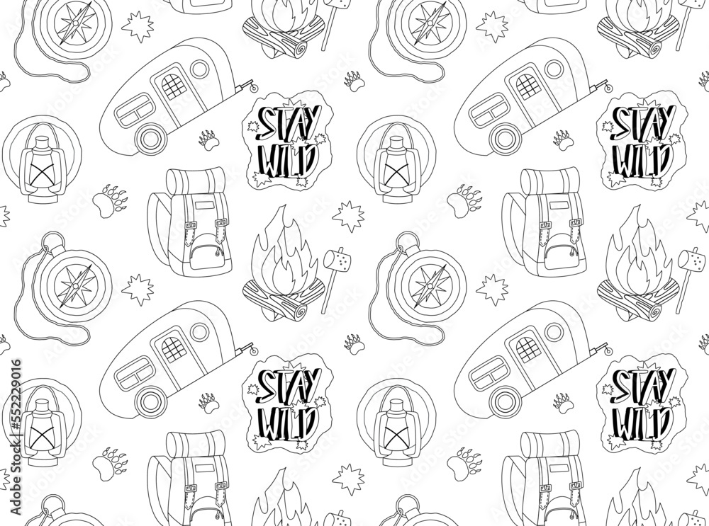 Camping seamless pattern outline. Repeating design element for printing ...