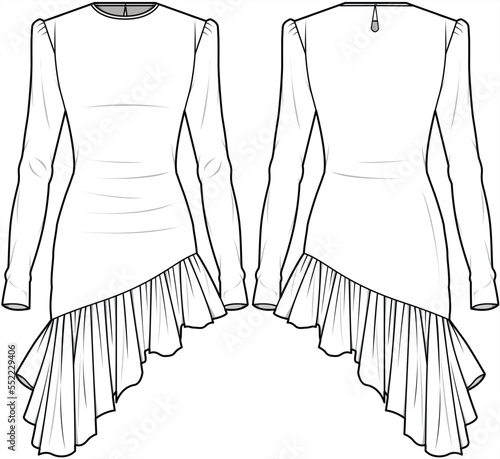 Bodycon Dress With frilled hem party dress Front and Back View. Fashion Illustration, Vector, CAD, Technical Drawing, Flat Drawing, Template, Mockup.	