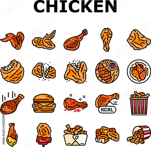 chicken crispy food meat meal icons set vector. fast delicious, wing fried, snack crunchy, leg cooked, eat tasty, dinner golden chicken crispy food meat meal color line illustrations