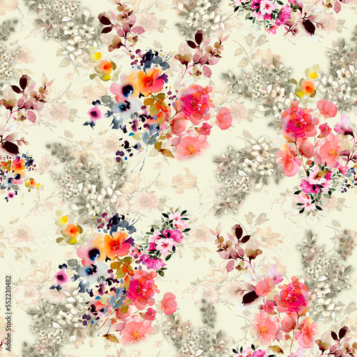 Seamless Floral Pattern, Vintage Digital Flower Watercolor Background, Watercolor illustration. Textile Digital Flower Pattern Yellow Background