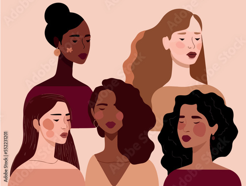 Beautiful women with different skin colors stand together vector. Illustration for International Women's day