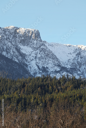 Snowy Tantalus mountain range seen from the Eagle Run dike in Brackendale, Squamish, British Columbia, Canada