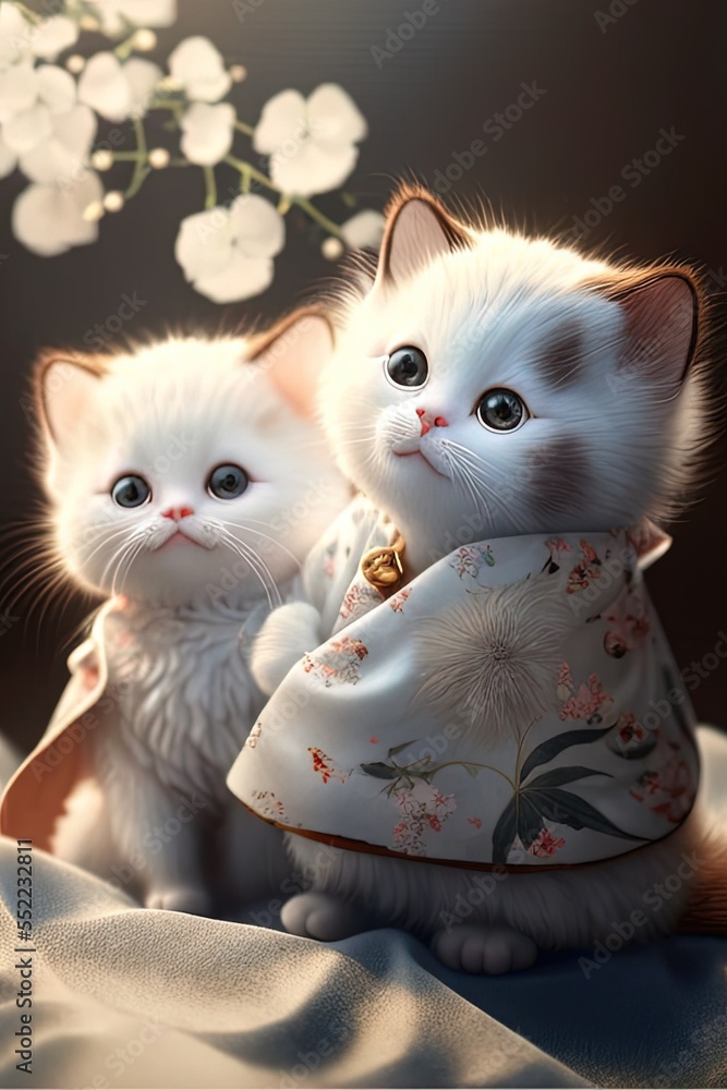 Two Adorable Cute Cat Wearing Kimono Yukata Generative AI Technology