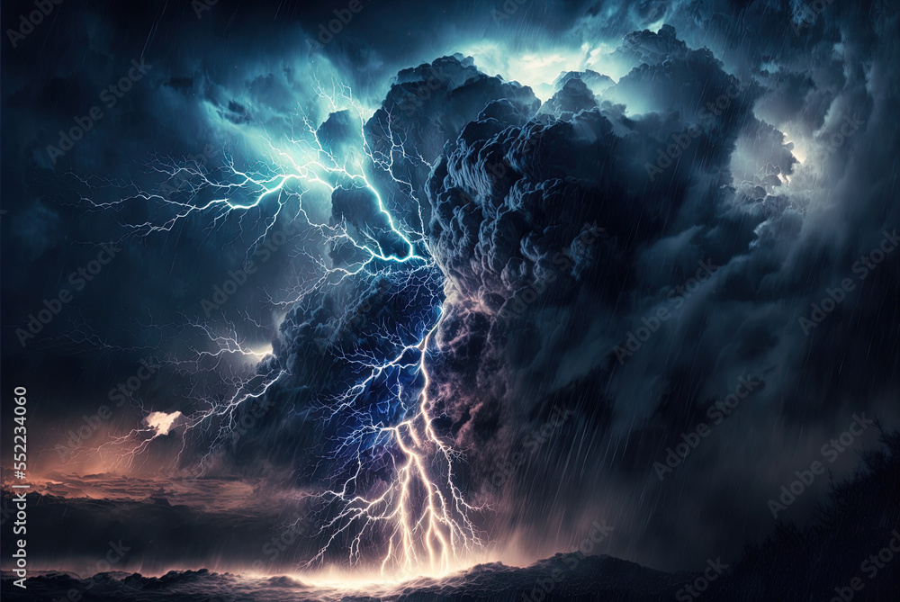 Nighttime lightning strikes in a thunderstorm against a backdrop of