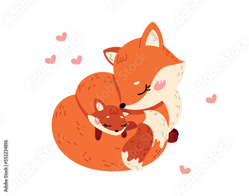 Mother fox with baby. Charming family, love and care, tenderness. Sticker for social media and instant messengers. Forest dwellers, animals and fauna, wild life. Cartoon flat vector illustration