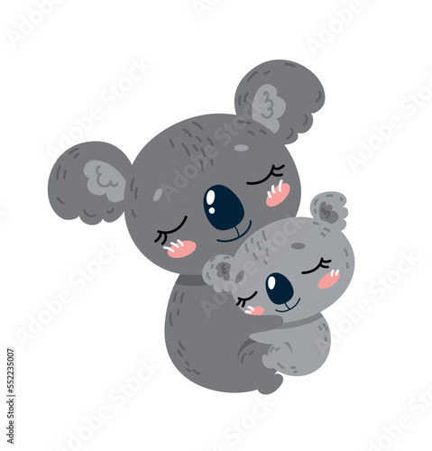 Mother koala with baby. Care and love, good relations. Tropic and exotic. Poster or banner for website. Toy and mascot for children. Tenderness, care and love. Cartoon flat vector illustration