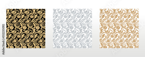 Floral wallpapers . Seamless vector backgrounds. Set of colored floral ornaments. Graphic patterns for fabric, wallpaper, packaging. Ornate Damask flower ornaments