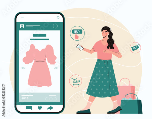 Online shopping dress. Young woman with smartphone in her hands buys clothes. Online transactions, electronic payments. Home delivery and convenient service. Cartoon flat vector illustration