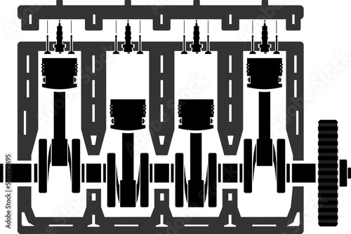 Vector illustration of engine structure and pistons. Sectional view of a four-stroke automobile engine. Design element.