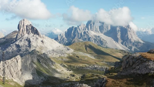 Aerial mountain landscape, wide establishing shot, Dolomites mountains Monte Pelmo and Becco di Mezzodi photo