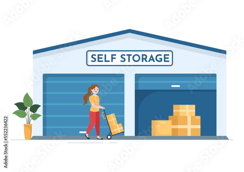 Self Storage of Cardboard Boxes Filled with Unused Items in Mini Warehouse or Rental Garage in Flat Cartoon Hand Drawn Templates Illustration