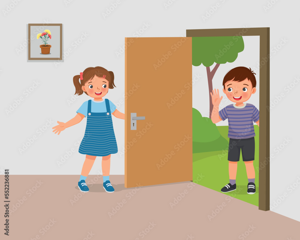 Cute little girl open the door for boyfriend welcoming guest Cute little girl open the door for boyfriend welcoming guest