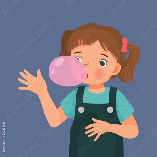 Happy little girl blowing chewing gum bubbles 
