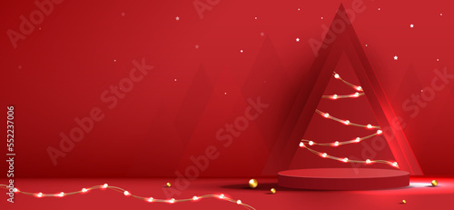 Podium shape for show cosmetic product display for Christmas day or New Years. Stand product showcase on red background with tree christmas. vector design.