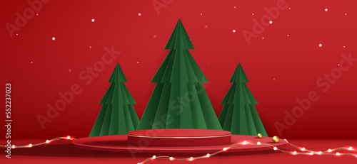 Podium shape for show cosmetic product display for Christmas day or New Years. Stand product showcase on red background with tree christmas. vector design.
