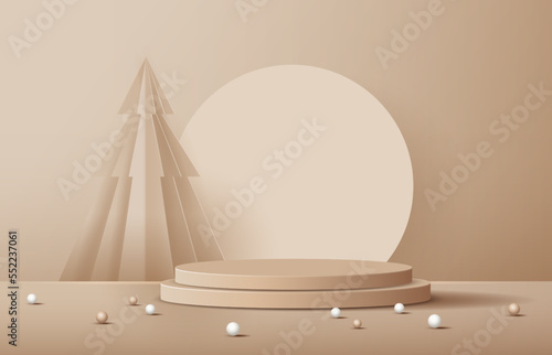 Podium shape for show cosmetic product display for Christmas day or New Years. Stand product showcase on brown background with tree christmas. vector design.