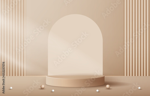 Podium shape for show cosmetic product display for Christmas day or New Years. Stand product showcase on brown background with tree christmas. vector design.