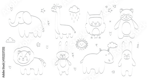 Baby animals line set. Collection of stickers for social networks and messengers. Tropic and exotic, fauna and wild life, forest. Cartoon flat vector illustrations isolated on white background