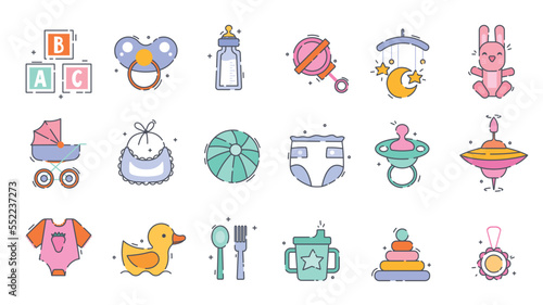 Baby icons set. Collection of graphic elements for website. Rattle, diaper, pacifier, rabbit and rubber duck. Toys and clothes. Cartoon flat vector illustrations isolated on white background