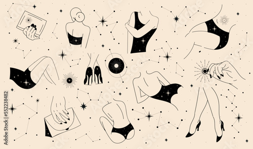 Magic female body set. Collection of graphic elements for website. Witchcraft, magic, sorcery and esotericism, crystal and energy. Cartoon flat vector illustrations isolated on beige background