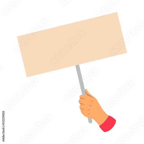 Hands holding blank placard. Vector illustration of activists with paper banner. People showing posters on demonstration isolated on white