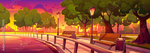 Morning riverside park lane with benches, light posts, green trees growing along river under fantastic colorful sky. Cartoon vector illustration of beautiful golden hour in public garden at dawn