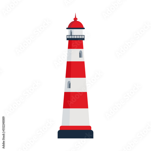 Bright lighthouse vector illustration. Cartoon drawing of seaside tower, nautical beacon isolated on blue background