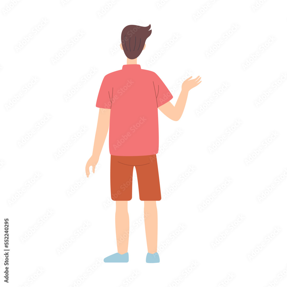 Guy in summer shorts from behind. Vector illustration of adult man and woman back view isolated on white. Communication, crowd