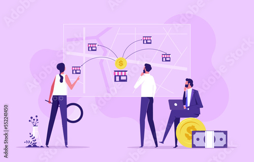 Business team planing franchise business for sale. Shop building or commercial property. Real estate business promotional, sme startup crowdfunding. Selling buying new business