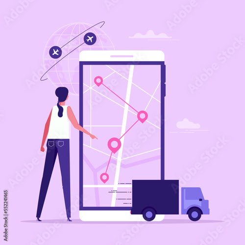 Woman planing route on map and truck. Concept of business logistics service, cargo shipment, transportation or delivery to destination point