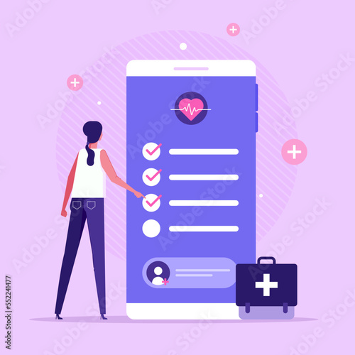 Health check up concept. Patient examining or checking her health online. Concept of healthcare, health insurance, medical report