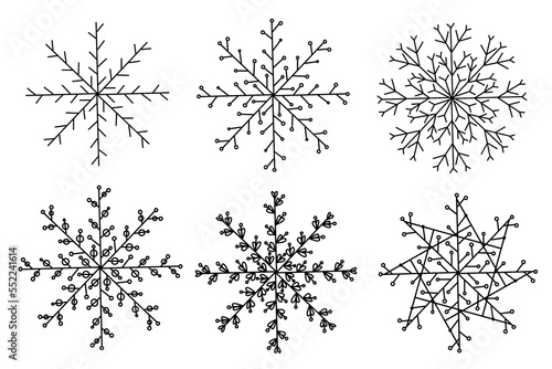 Raster set of minimalistic snowflakes isolated on a white background. Graphic images, doodling on a winter theme.