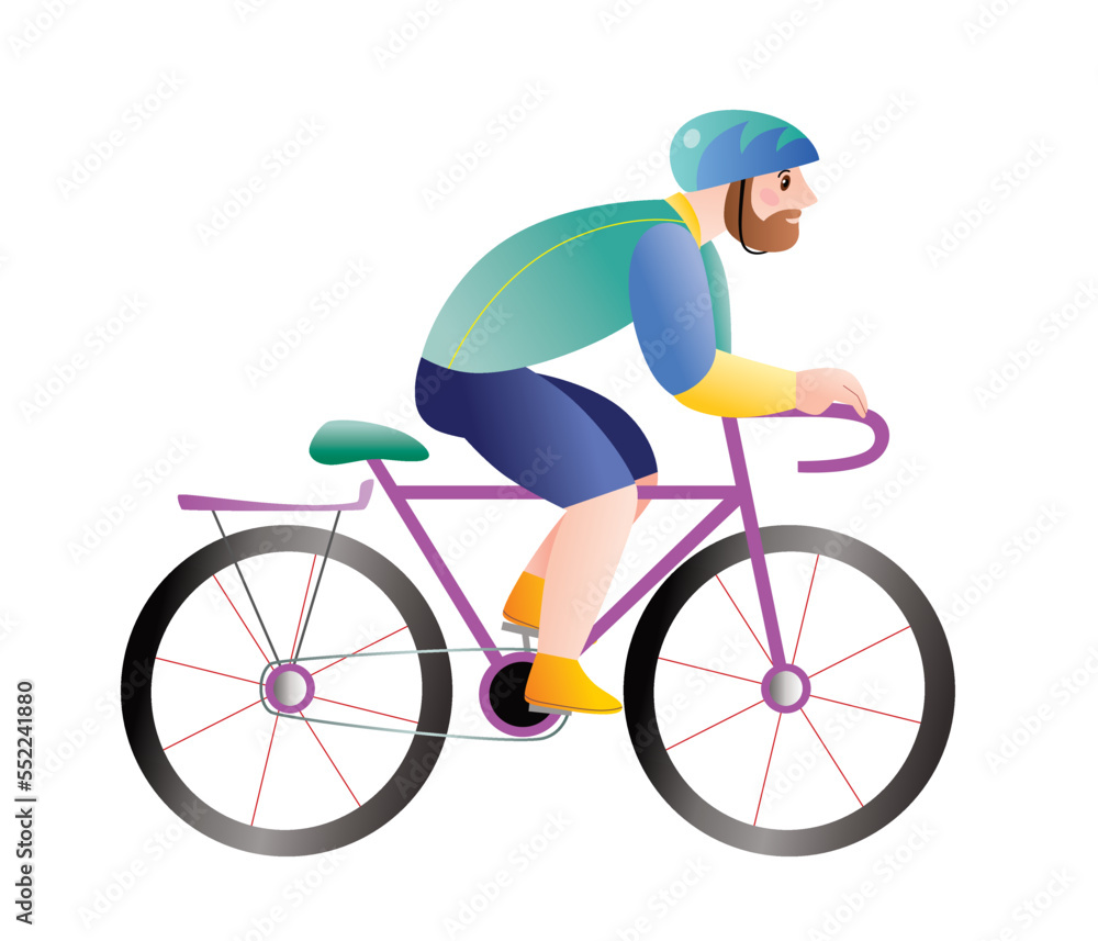 Bearded young man in a helmet rides a bicycle