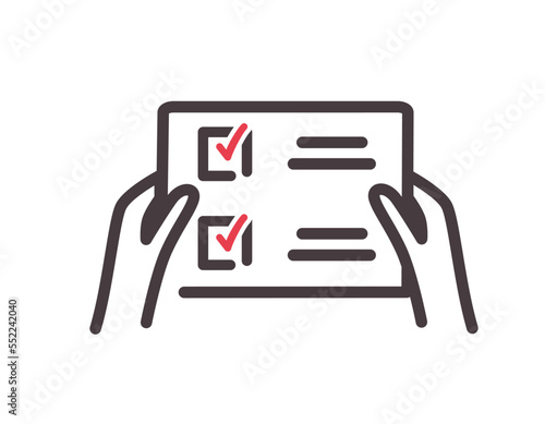 Color accreditation list icon. Character in his hands holds list with tasks and red checkmarks. Sitker for social networks and messengers. Document and contract. Cartoon flat vector illustration