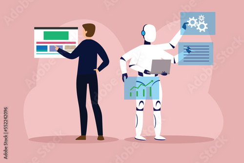 Robotic Machine And Man Working with touch screen 2d vector illustration concept for banner, website, illustration, landing page, flyer, etc