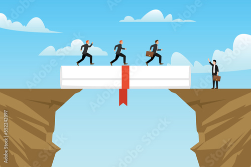 businessmen walk on education degree scroll as bridge to cross the gap 2d vector illustration concept for banner, website, illustration, landing page, flyer, etc