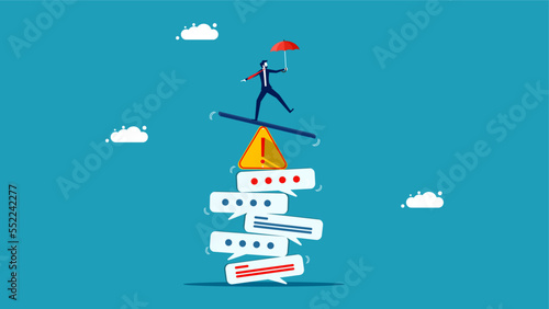 Businessman balancing on piles of warning messages and warning exclamation marks vector