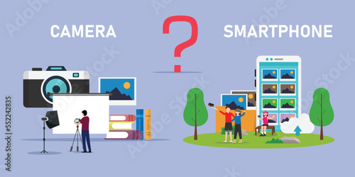 Smartphone VS Digital Camera 2d vector illustration concept for banner, website, illustration, landing page, flyer, etc
